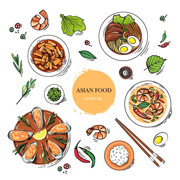 ilustraciones, imágenes clip art, dibujos animados e iconos de stock de comida tradicional asiática - tteokbokki, ramen picante con fideos, carne, huevos, sopa de camarones - alimentos y bebidas de dibujos animados