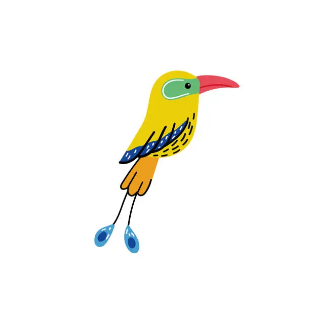 Vector illustration of yellow Tropical Parrot Bird with Colored Feathers
