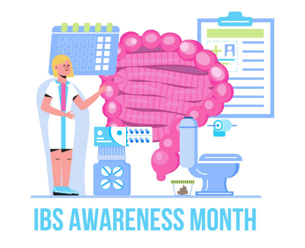 ilustrações, clipart, desenhos animados e ícones de mês de conscientização da síndrome do intestino irritável observado em abril. vetor conceito de evento médico do ibs. médicos minúsculos tratam intestino - pathogen streptococcus life science