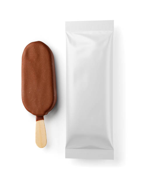 Brown chocolate popsicle and clean package isolated on white. 3D rendering.