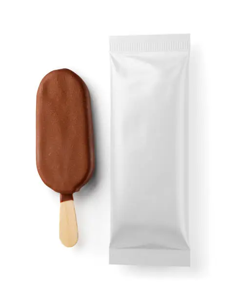 Photo of Brown chocolate popsicle and clean package isolated on white. 3D rendering.
