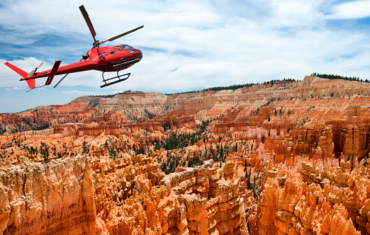 Helicopter flying over Bryce Canyon. Arizona, Southwest USA.