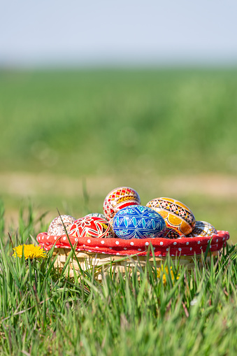 Traditional painted eggs for the orthodox Easter in the region of Bucovina, Romania, Eastern Europe.