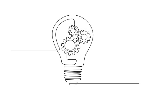 Lightbulb with gear wheels in One single Line drawing for logo, emblem, web banner, presentation. Simple creative innovation concept. Vector illustration.