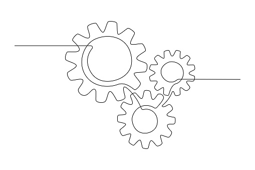 One continuous line illustration of gears wheels. Three cogwheels in lineart style. Editable stroke. Symbol of teamwork, development, logo, emblem. Creative concept of business teamwork. Vector.
