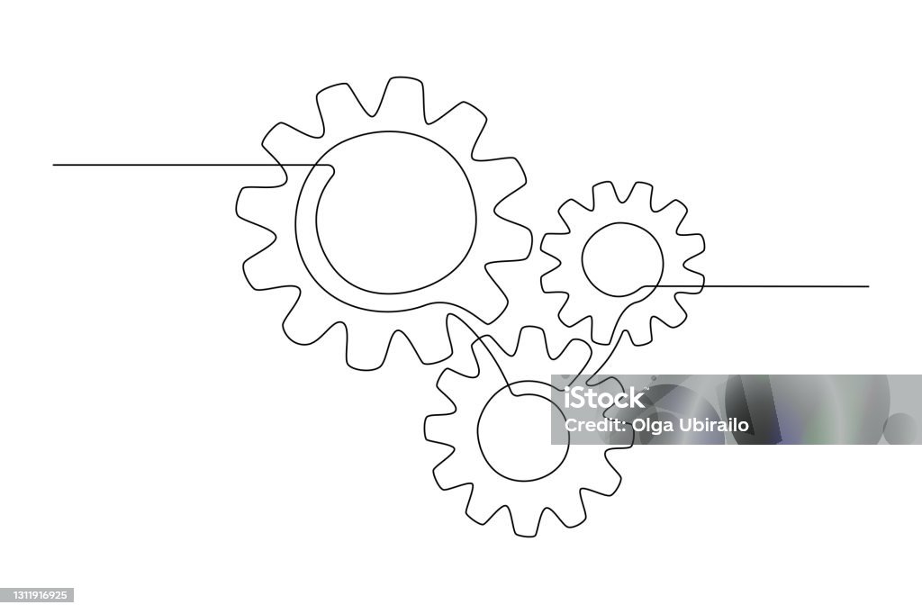 One continuous line illustration of gears wheels. Three cogwheels in lineart style. Editable stroke. Symbol of teamwork, development, logo, emblem. Creative concept of business teamwork. Vector One continuous line illustration of gears wheels. Three cogwheels in lineart style. Editable stroke. Symbol of teamwork, development, logo, emblem. Creative concept of business teamwork. Vector. Gear - Mechanism stock vector