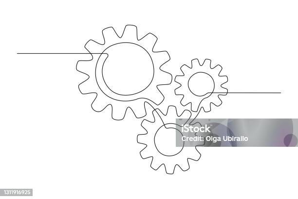 One Continuous Line Illustration Of Gears Wheels Three Cogwheels In Lineart Style Editable Stroke Symbol Of Teamwork Development Logo Emblem Creative Concept Of Business Teamwork Vector Stock Illustration - Download Image Now