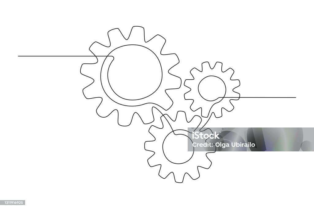 Một dòng minh họa liên tục của bánh răng. Ba bánh răng theo phong cách lineart. Nét viền có thể chỉnh sửa. Biểu tượng của tinh thần đồng đội, phát triển, logo, biểu tượng. Khái niệm sáng tạo về làm v - Trả phí Bản quyền Một lần Nghệ thuật đường nét vectơ sẵn có