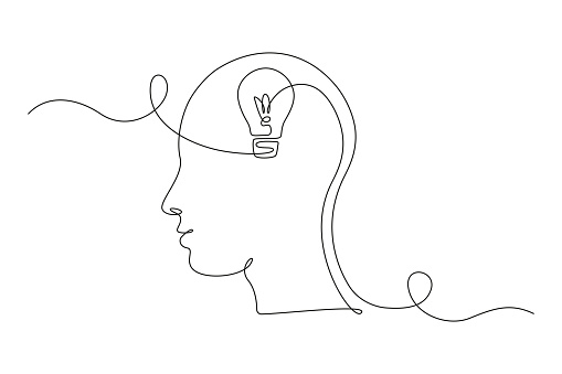 Lightbulb in head in One single Line drawing for logo, emblem, web banner, presentation. Simple creative idea and imagine concept. Vector illustration.