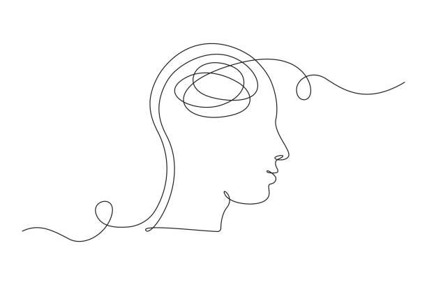 kötü ruh sağlığı hakkında endişeli karışık duygulara sahip bir kişinin sürekli bir çizgi çizimi. sorunlar, başarısızlık ve keder kavramı. lineart vector çizimi - mental health stock illustrations