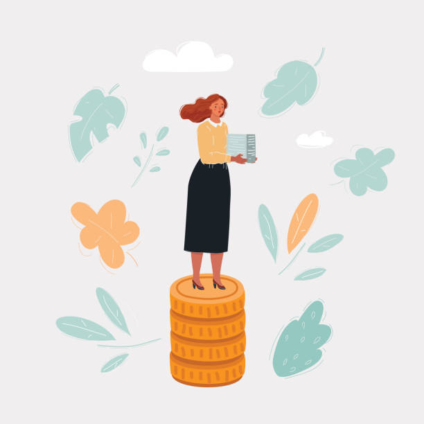 istock Illustration of young woman standing at his small coins stack. Financial plan, employment salary concept. 1311916997
