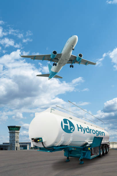 istock Airplane and hydrogen tank trailer 1311917575
