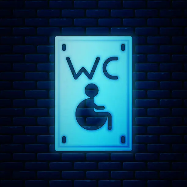 Vector illustration of Glowing neon Separated toilet for disabled persons icon isolated on brick wall background. Handicapped accessible male and female WC. Vector