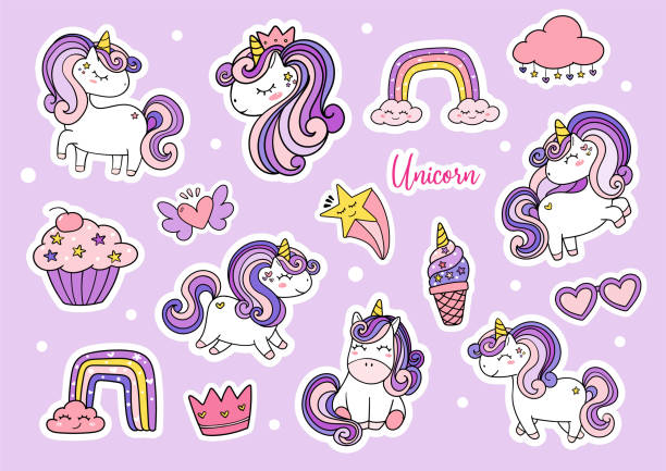 illustrations, cliparts, dessins animés et icônes de mignon violet magique simple feuille autocollant licorne imprimable - unicorn