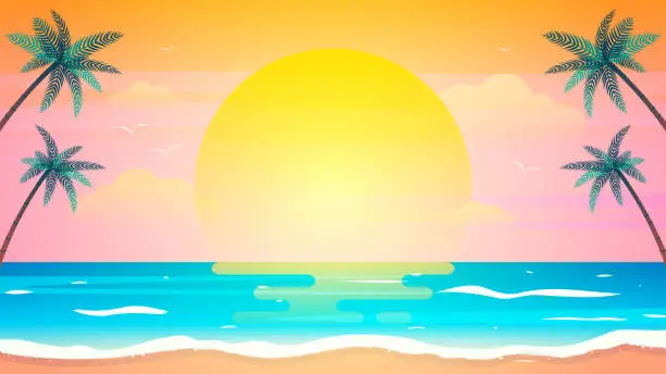 Vector illustration of Sunset on summer beach background vector illustration