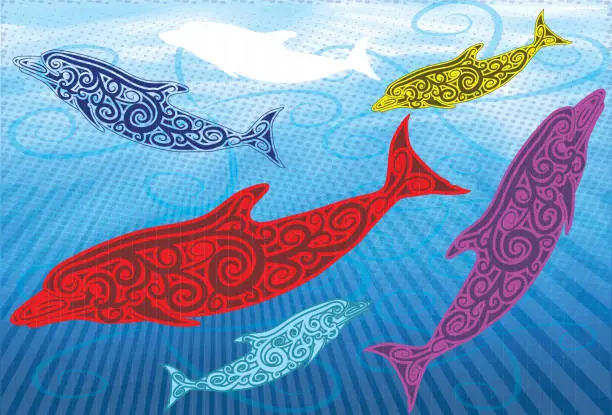 Vector illustration of Dolphins Tribal patterns outlined and Silhouette