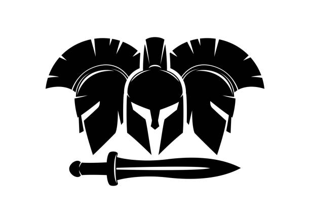 ilustrações, clipart, desenhos animados e ícones de três capacetes espartanos e ícone de espada. - guerreiro