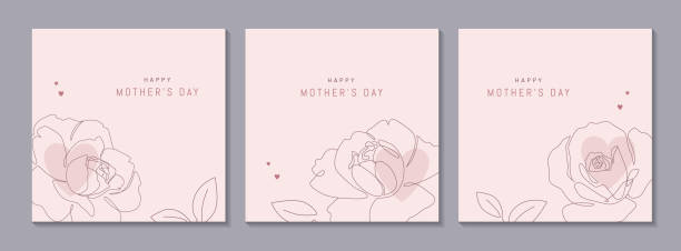 glückliche muttertag vektor grußkarten mit schönen blumen und herzen gesetzt. rose einzellinie zeichnung mit auf rosa hintergrund. eine linie minimalistischen stil illustration für banner - rose family stock-grafiken, -clipart, -cartoons und -symbole