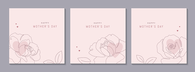 Happy Mother's Day vector greeting cards set with beautiful flowers and hearts. Rose single line drawing with on pink background. One line minimalist style illustration for banner, card or invitation design