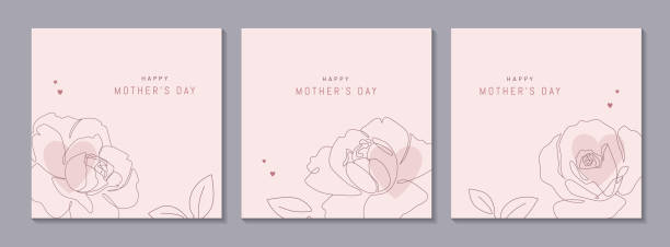 Happy Mother's Day vector greeting cards set with beautiful flowers and hearts. Rose single line drawing with on pink background. One line minimalist style illustration for banner Happy Mother's Day vector greeting cards set with beautiful flowers and hearts. Rose single line drawing with on pink background. One line minimalist style illustration for banner, card or invitation design happy mothers day stock illustrations