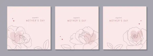 Vector illustration of Happy Mother's Day vector greeting cards set with beautiful flowers and hearts. Rose single line drawing with on pink background. One line minimalist style illustration for banner