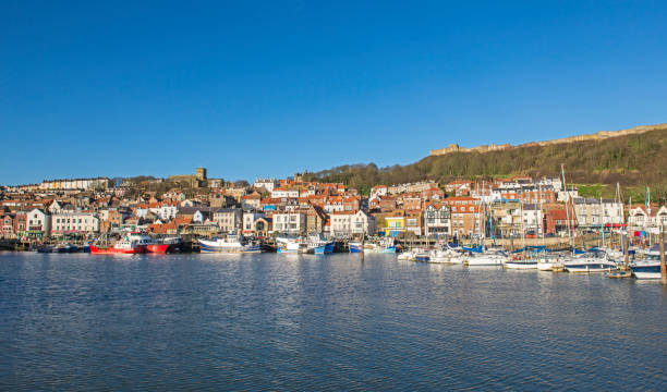 istock Harbor seafront town with castle on hill 1311932985