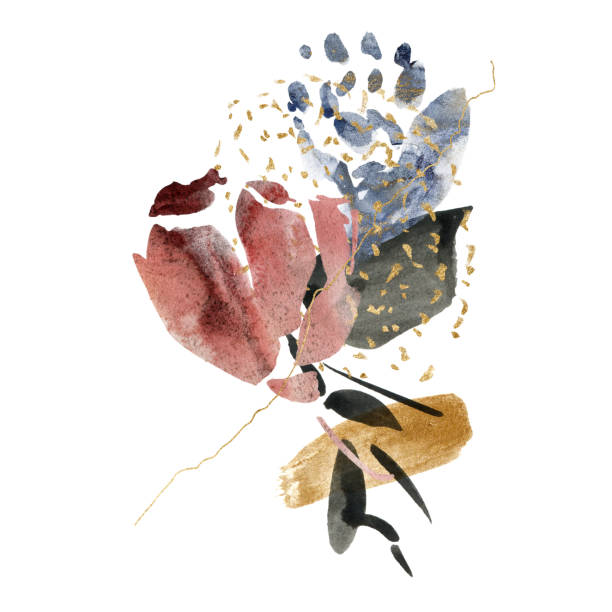 Watercolor floral card of abstract flowers and spots. Hand painted minimalistic illustration isolated on white background. For design, print, fabric or background. Watercolor floral card of abstract flowers and spots. Hand painted minimalistic illustration isolated on white background. For design, print, fabric or background drawing of pink and black polka dot wallpaper stock illustrations