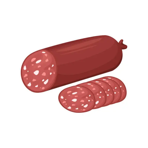 Vector illustration of Salami stick and meat sausage slices icon. Vector illustration of a meat product.