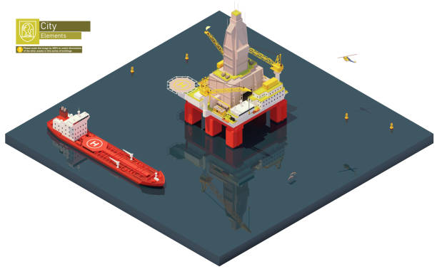 vektorisometrische offshore-bohranlage und tankerschiff - oil rig oil industry sea oil stock-grafiken, -clipart, -cartoons und -symbole