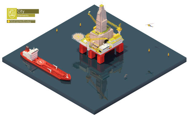 illustrazioni stock, clip art, cartoni animati e icone di tendenza di piattaforma di perforazione offshore isometrica vettoriale e nave cisterna - oil rig oil industry sea oil