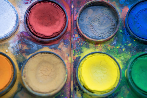 Close-up colored watercolor paints