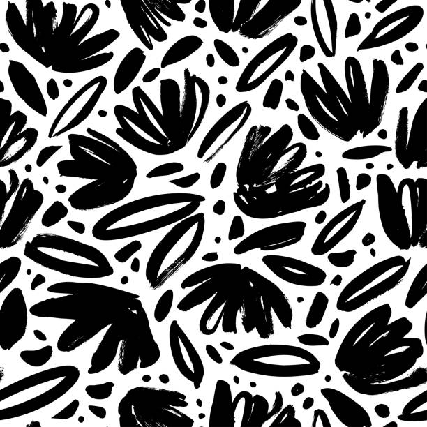 ilustrações, clipart, desenhos animados e ícones de escovar folhas pretas soltas e flores vetor padrão perfeito. - inks on paper
