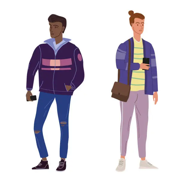 Vector illustration of Couple Young mans students in modern autumn trendy clothes. Fashion casual outerwear street style characters. Flat cartoon style vector isolated illustration