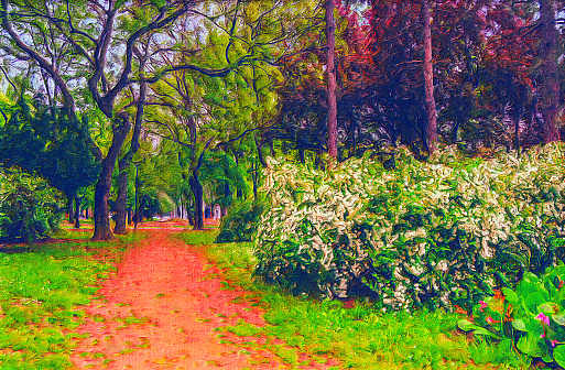 Oil landscape painting showing walkway through park in spring.