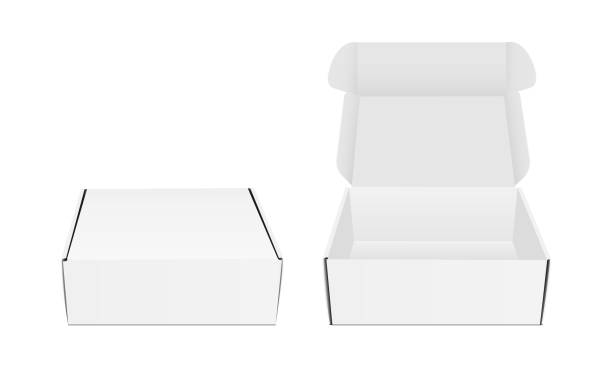 quadratische verpackungsboxen mit geöffnetem und geschlossenem deckel, frontansicht - box stock-grafiken, -clipart, -cartoons und -symbole
