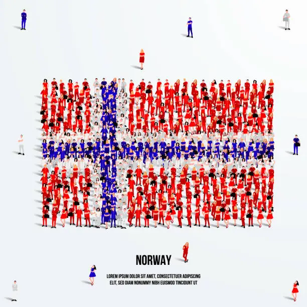 Vector illustration of Norway Flag. A large group of people form to create the shape of the Norwegian  flag. Vector Illustration.