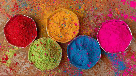 Color powder filled in bowls for holi Indian Festival  celebration