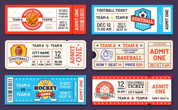 Sport tickets. Baseball, american football, soccer, hockey and basketball game ticket templates. Match invite coupons with logo vector set Sport tickets. Baseball, american football, soccer, hockey and basketball game ticket templates. Match invite coupons with logo vector set. Entrance invitation and admission collection basketball sport stock illustrations