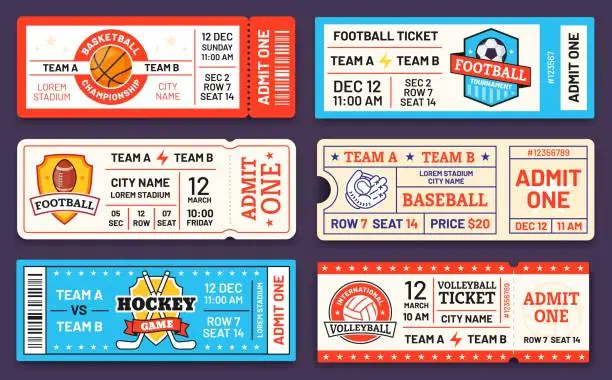 Vector illustration of Sport tickets. Baseball, american football, soccer, hockey and basketball game ticket templates. Match invite coupons with logo vector set