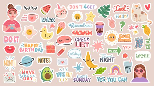 Diary stickers. Words, characters and quotes for planner journal. Trendy notebook decor with girls, food and cats. Daily reminder vector set Diary stickers. Words, characters and quotes for planner journal. Trendy notebook decor with girls, food and cats. Daily reminder vector set as coffee cup, love letter, rainbow and light bulb cat light bulb stock illustrations
