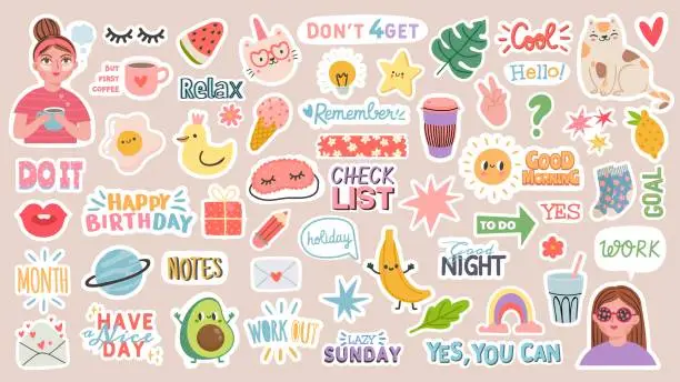 Vector illustration of Diary stickers. Words, characters and quotes for planner journal. Trendy notebook decor with girls, food and cats. Daily reminder vector set