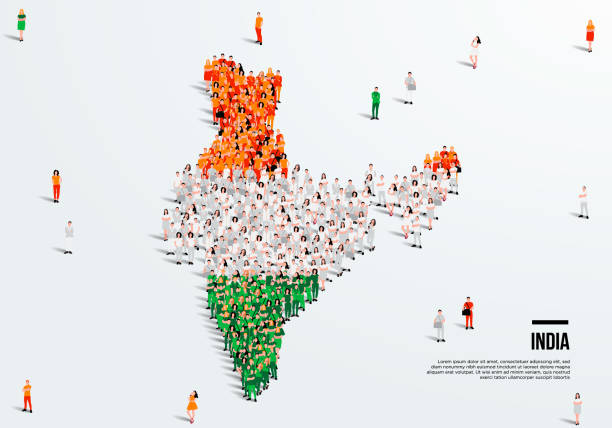 ilustrações, clipart, desenhos animados e ícones de mapa da índia e bandeira. um grande grupo de pessoas em forma de bandeira indiana para criar o mapa. ilustração vetorial. - india mumbai delhi crowd