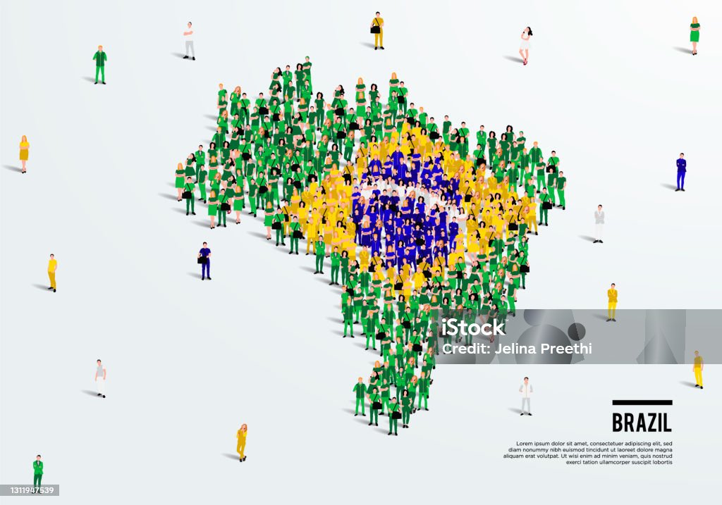 브라질지도와 플래그. 지도를 만들기 위해 브라질 국기 색상 형태의 사람들의 큰 그룹. 벡터 일러스트레이션. - 로열티 프리 브라질 벡터 아트