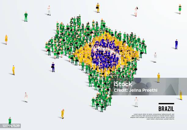 브라질지도와 플래그 지도를 만들기 위해 브라질 국기 색상 형태의 사람들의 큰 그룹 벡터 일러스트레이션 브라질에 대한 스톡 벡터 아트 및 기타 이미지