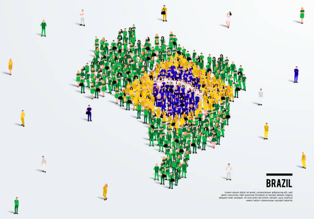 ilustrações de stock, clip art, desenhos animados e ícones de brazil map and flag. a large group of people in brazilian flag color form to create the map. vector illustration. - brasil