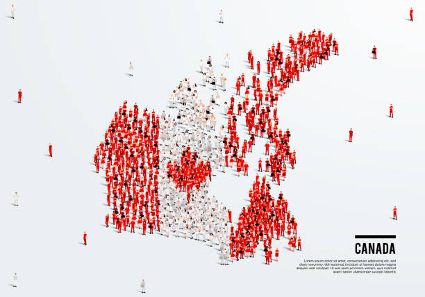 illustrazioni stock, clip art, cartoni animati e icone di tendenza di mappa e bandiera del canada. un grande gruppo di persone in formato colore bandiera canadese per creare la mappa. illustrazione vettoriale. - canadian flag canadian culture canada people