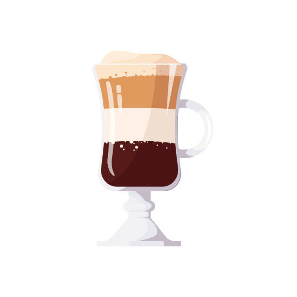 Coffee drink with whipped cream, fluffy foam in glass glass, isolated on white background Coffee drink with whipped cream, fluffy foam in glass glass, isolated on white background. Irish, Mocha, Latte. Vector illustration for poster, banner, cover, advertisement, menu cafe macchiato stock illustrations