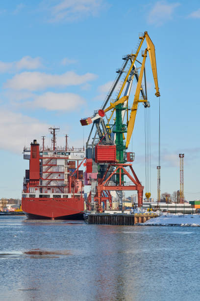istock Moored ships and harbor cranes in port 1311949470
