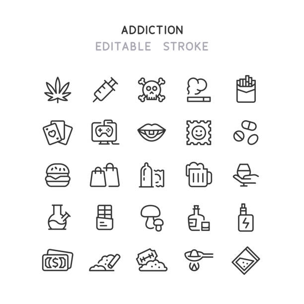 중독 라인 아이콘 편집 가능한 스트로크 - narcotic drug abuse addict heroin stock illustrations