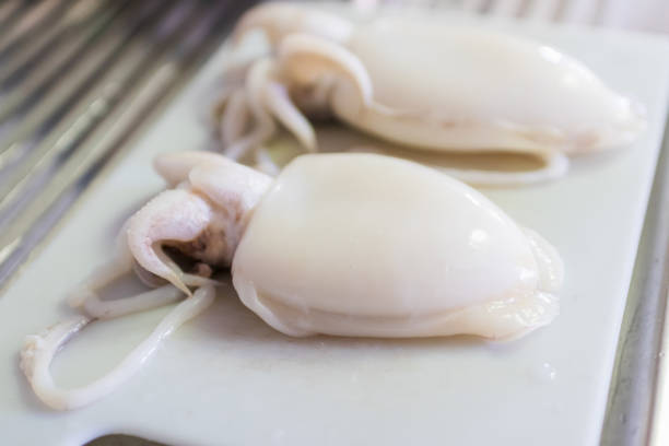Raw squid on white cutting board; selective focus.